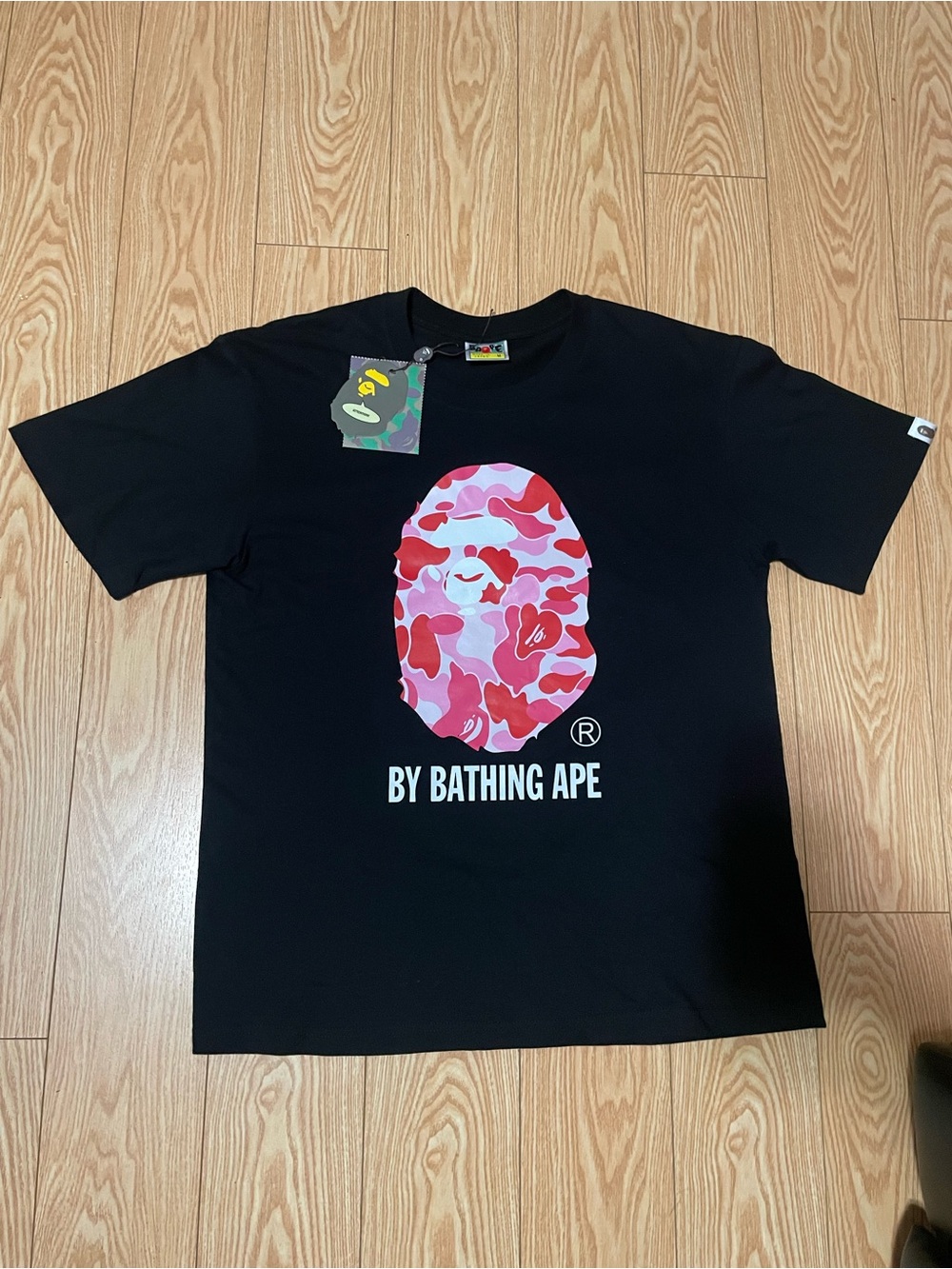 Bape Black Tee with Pink & Red Camo Ape Head